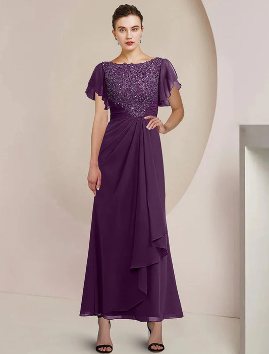 A-Line Mother of the Bride Dress Formal Wedding Guest Elegant Scoop Neck Tea Length Chiffon Lace 3/4 Length Sleeve with Beading Sequin Appliques by YiHuiw