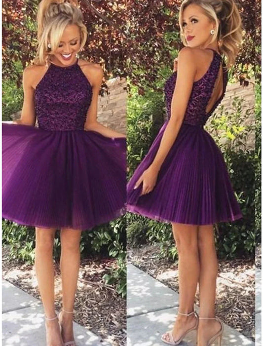 A-Line Cocktail Dresses Party Dress Homecoming Cocktail Party Short / Mini Sleeveless Jewel Neck Lace Backless with Beading Appliques by YiHuiw