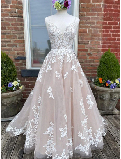 Engagement Wedding Dresses in Color Formal Wedding Dresses A-Line Sweetheart Camisole Spaghetti Strap Court Train Lace Bridal Gowns With Buttons Appliques Summer Wedding Party Women's Clothing by YiHuiw