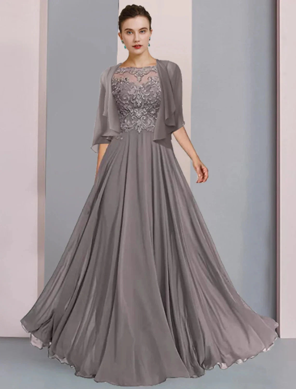 A-Line Mother of the Bride Dress Formal Wedding Guest Elegant Scoop Neck Floor Length Chiffon Lace Half Sleeve Wrap Included with Pleats Beading Appliques by YiHuiw