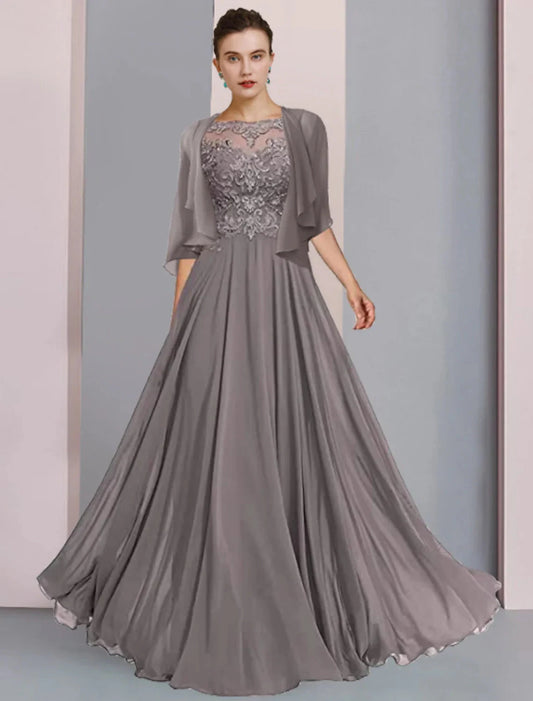 A-Line Mother of the Bride Dress Formal Wedding Guest Elegant Scoop Neck Floor Length Chiffon Lace Half Sleeve Wrap Included with Pleats Beading Appliques by YiHuiw