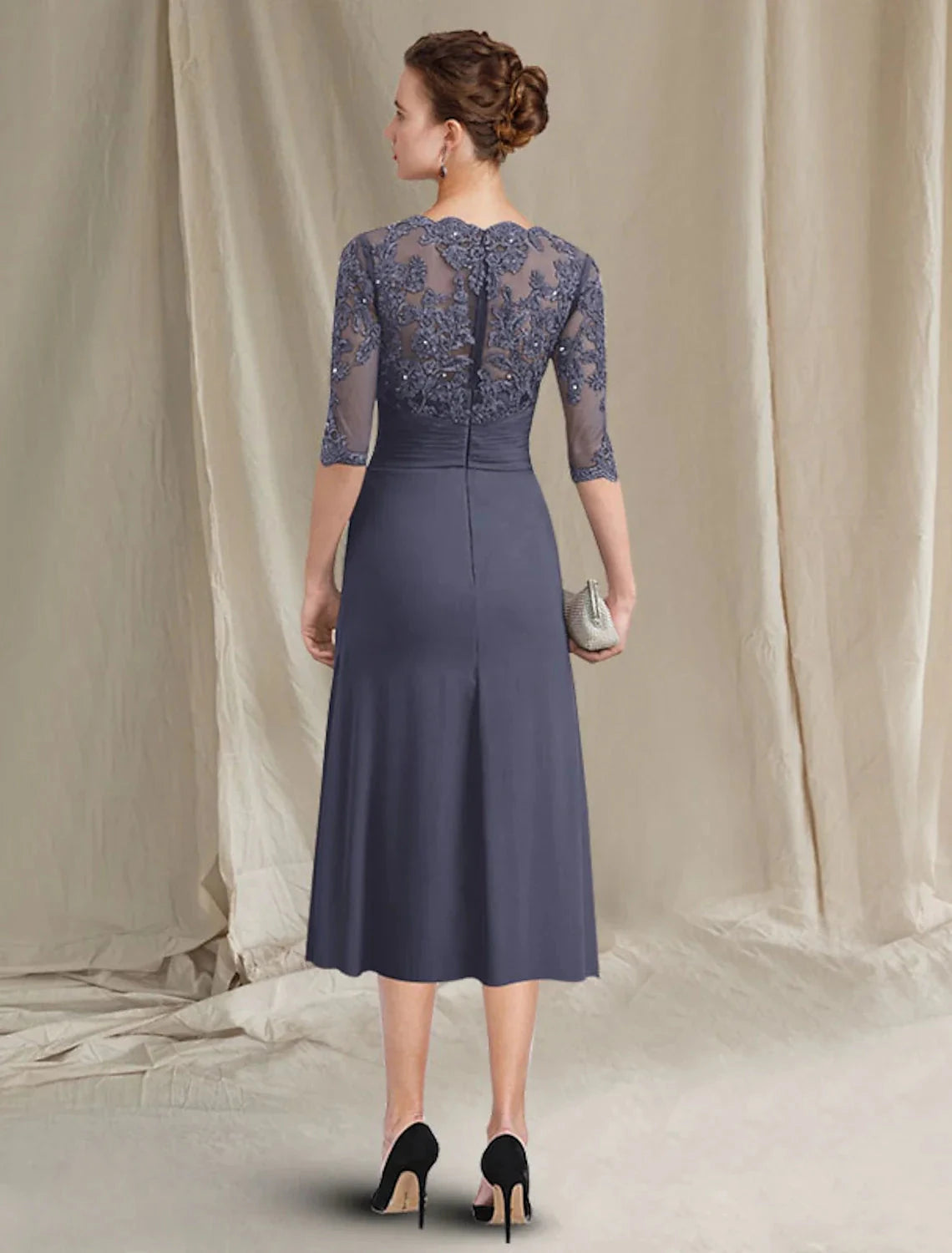Two Piece A-Line Mother of the Bride Dress Plus Size Elegant Jewel Neck Tea Length Chiffon Lace Half Sleeve Jacket Dresses with Crystals Appliques by YiHuiw