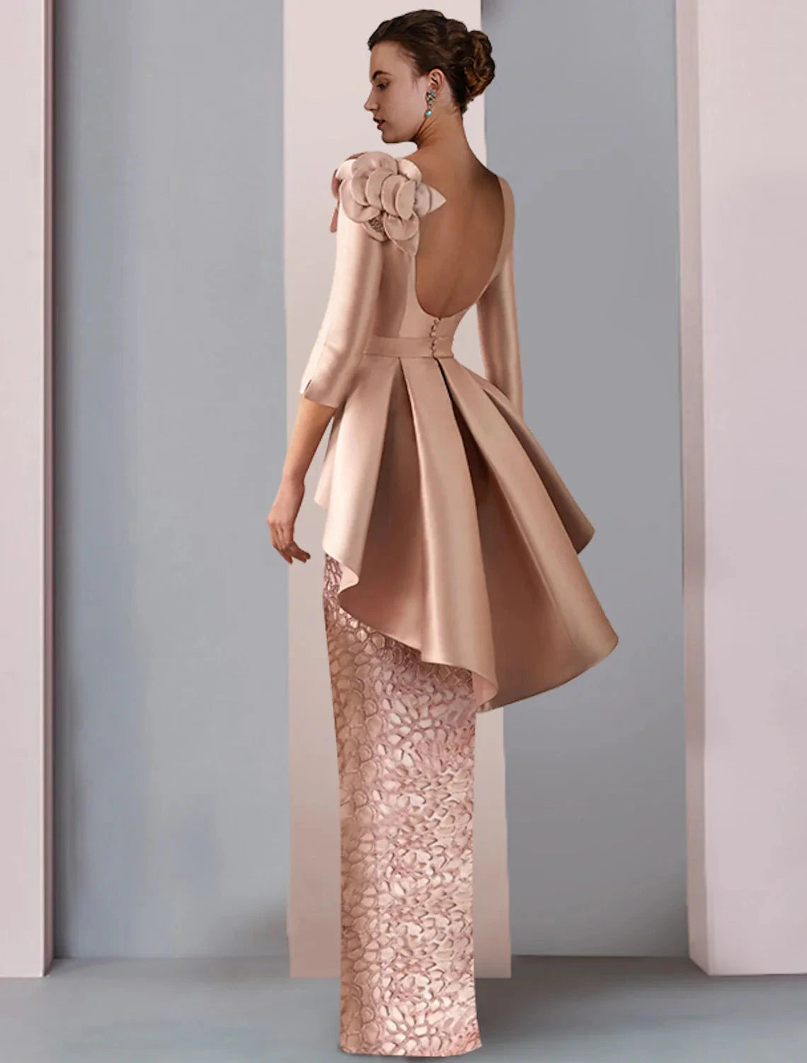 Sheath / Column Mother of the Bride Dress Fall Wedding Guest Party Elegant V Neck Floor Length Satin Lace 3/4 Length Sleeve with Appliques Cascading Ruffles Flower by YiHuiw