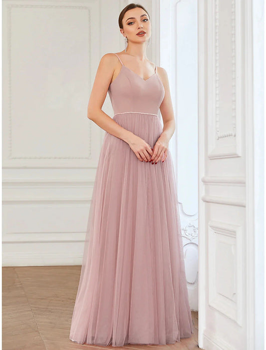 A-Line Prom Dresses Vintage Dress Wedding Guest Floor Length Sleeveless V Neck Tulle V Back with Pleats Draping by YiHuiw