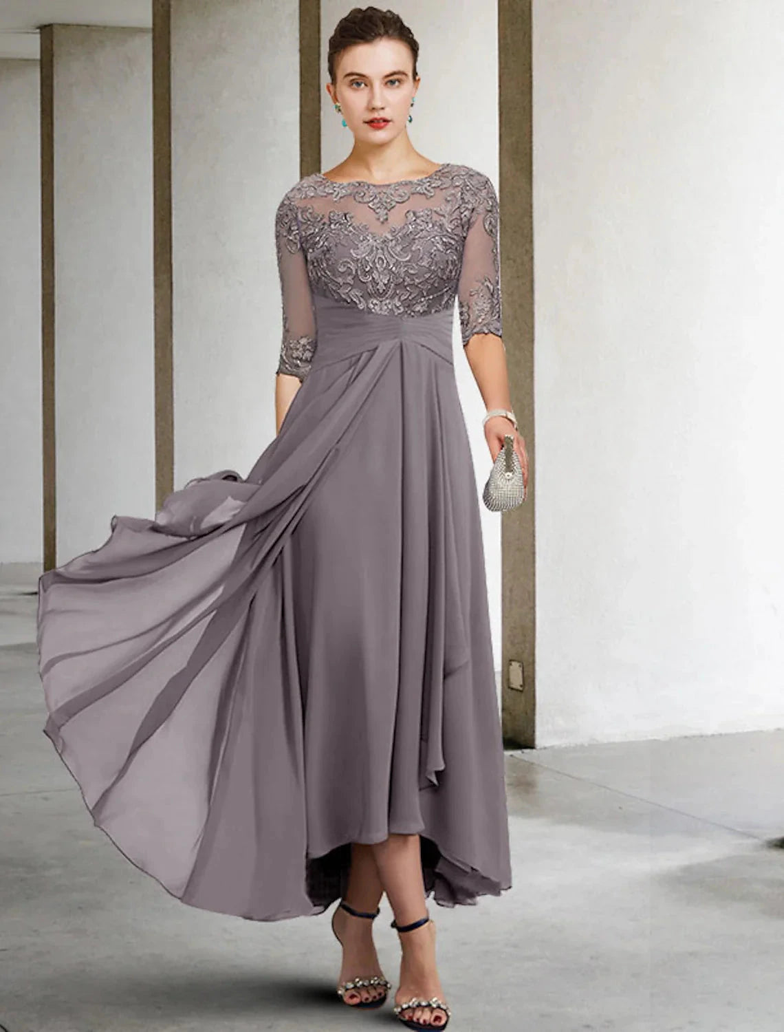 A-Line Mother of the Bride Dress Fall Wedding Guest Dresses Plus Size Elegant High Low V Neck Asymmetrical Ankle Length Chiffon Lace Half Sleeve with Beading Appliques by YiHuiw