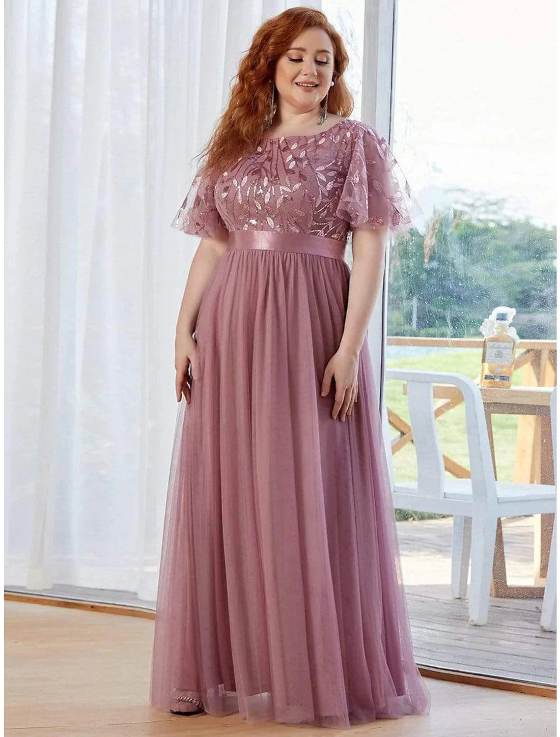 A-Line Prom Dresses Floral Dress Party Wear Quinceanera Floor Length Short Sleeve Jewel Neck Bridesmaid Dress Tulle with Embroidery Splicing by YiHuiw