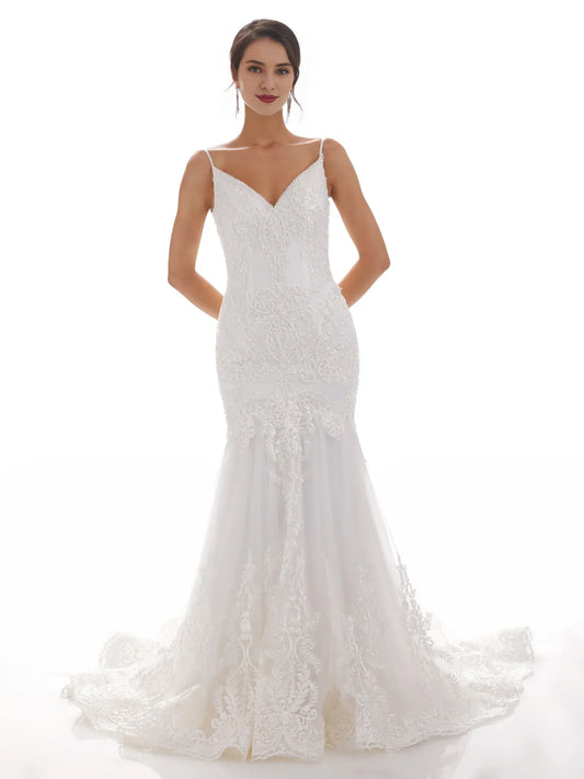 Mermaid V-Neck Floor-Length Wedding Dress - Yihuiw by Yihuiw