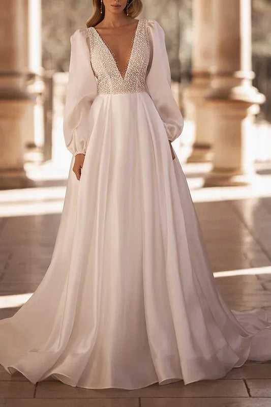 A-Line V-Neck Floor-Length Wedding Dress - Yihuiw by Yihuiw