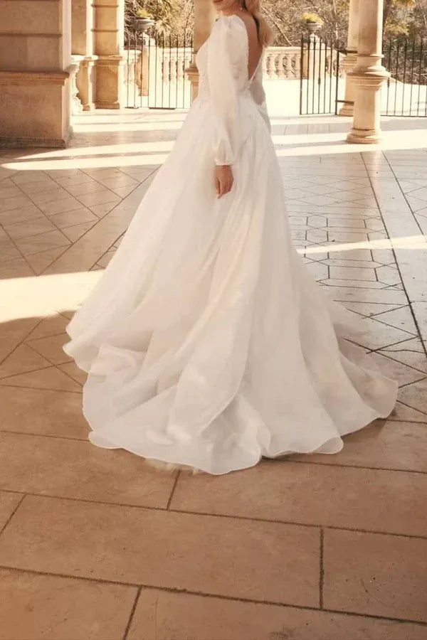 A-Line V-Neck Floor-Length Wedding Dress - Yihuiw by Yihuiw