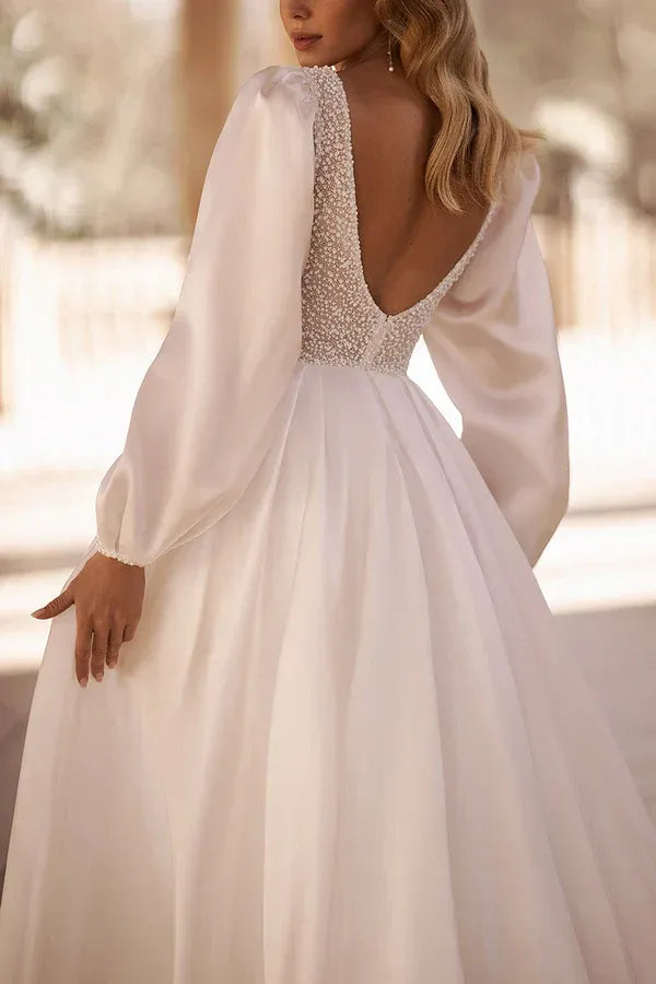 A-Line V-Neck Floor-Length Wedding Dress - Yihuiw by Yihuiw