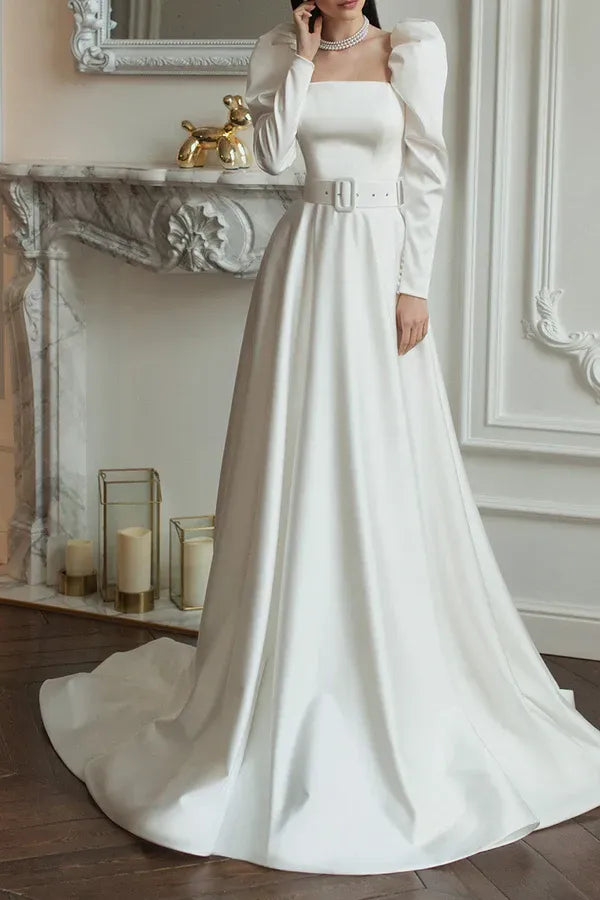 A-Line Square Neck Floor-Length Wedding Dress - Yihuiw by Yihuiw
