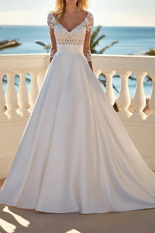 A-Line Sweetheart Three-Quarter Sleeve Floor-Length Wedding Dress - Yihuiw by Yihuiw