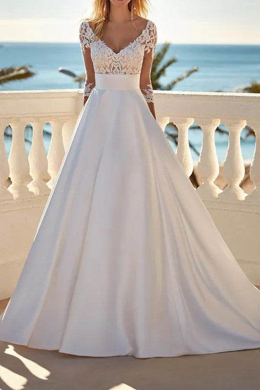 A-Line Sweetheart Three-Quarter Sleeve Floor-Length Wedding Dress - Yihuiw by Yihuiw