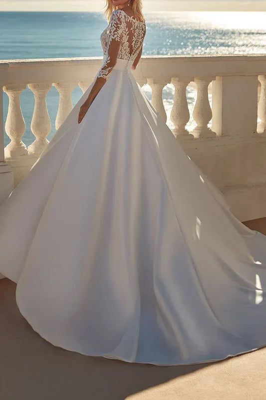 A-Line Sweetheart Three-Quarter Sleeve Floor-Length Wedding Dress - Yihuiw by Yihuiw