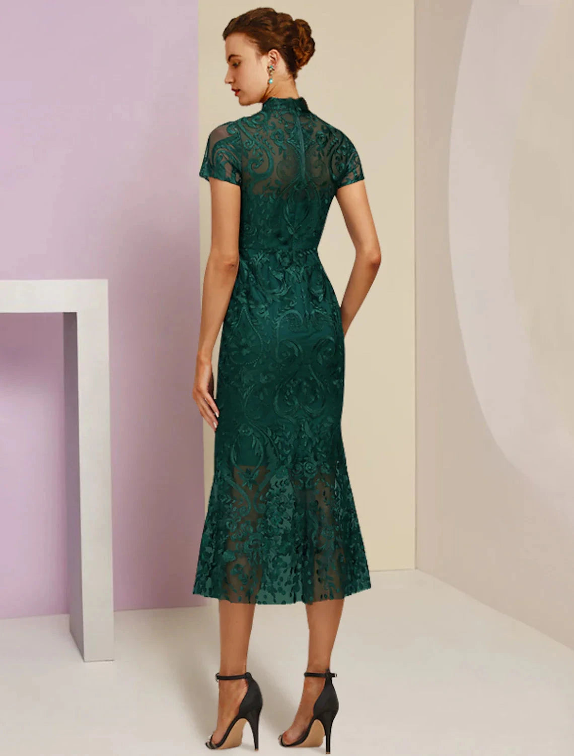 Sheath / Column Mother of the Bride Dress Wedding Guest Elegant High Neck Tea Length Lace Short Sleeve with Appliques by YiHuiw