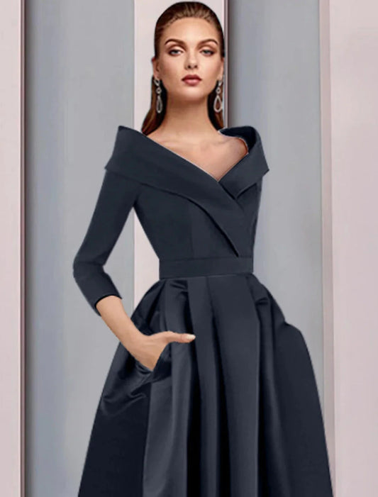 A-Line Mother of the Bride Dress Wedding Guest Elegant High Low Sweet Spaghetti Strap Asymmetrical Tea Length Satin 3/4 Length Sleeve with Pleats Fall by YiHuiw