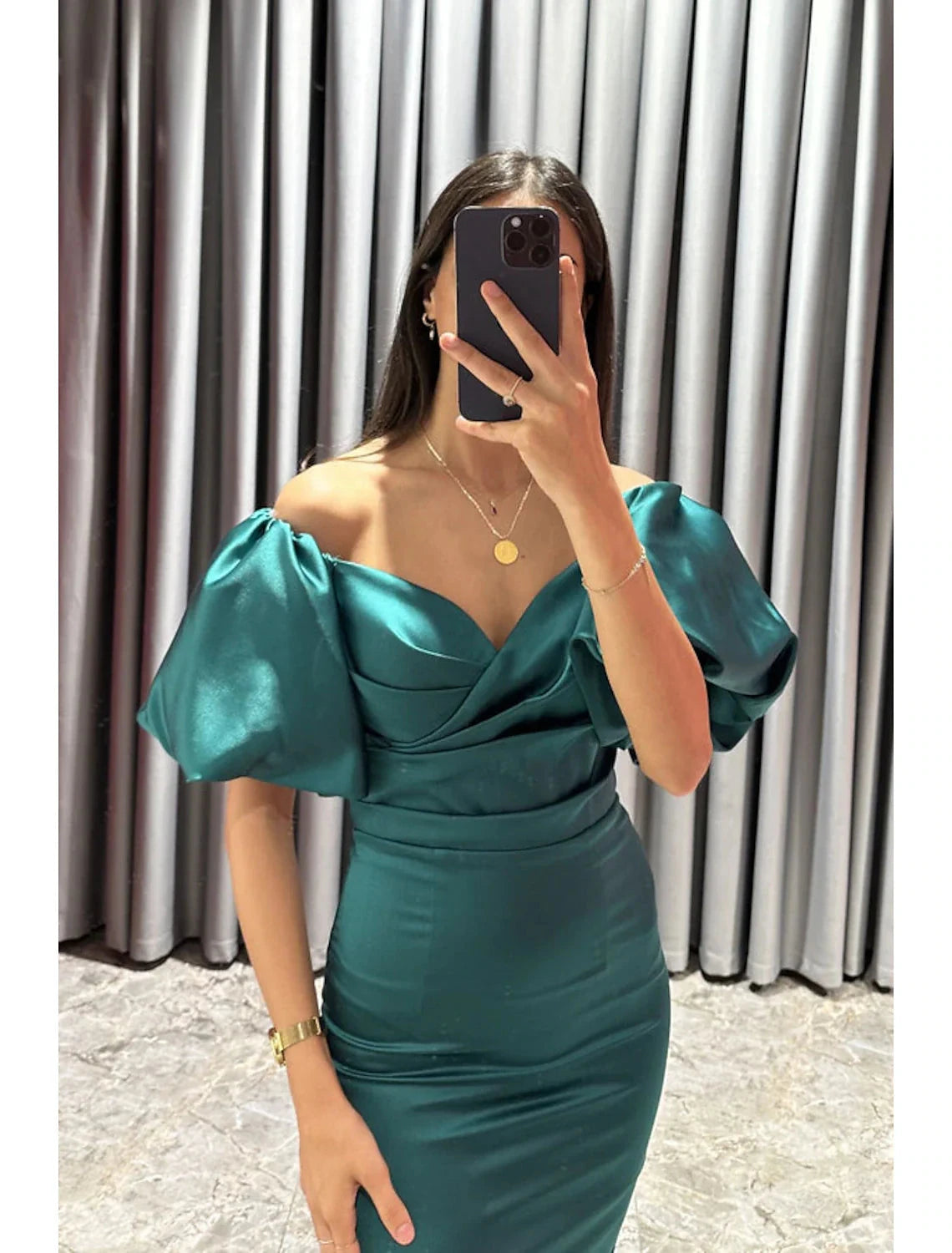 Sheath / Column Cocktail Dresses Party Dress Formal Fall Tea Length Short Sleeve Off Shoulder Satin with Ruched Slit by YiHuiw