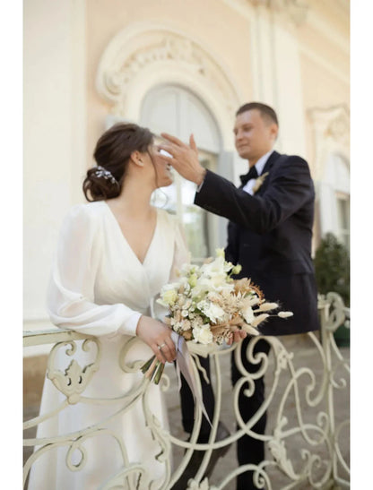 Reception Little White Dresses Wedding Dresses A-Line V Neck Long Sleeve Ankle Length Chiffon Bridal Gowns With Solid Color by YiHuiw
