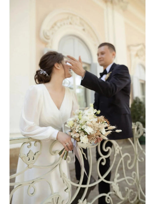 Reception Little White Dresses Wedding Dresses A-Line V Neck Long Sleeve Ankle Length Chiffon Bridal Gowns With Solid Color by YiHuiw