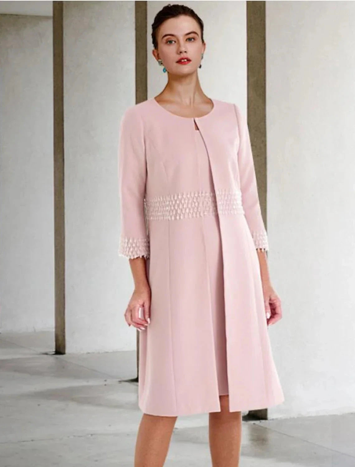 Two Piece Sheath / Column Mother of the Bride Dress Wedding Guest Church Elegant Jewel Neck Knee Length Fabric Short Sleeve Jacket Dresses with Beading Fall by YiHuiw