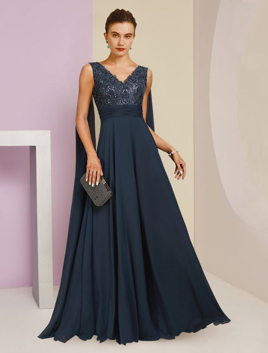 Sheath / Column Mother of the Bride Dress Formal Party Elegant V Neck Floor Length Chiffon Lace Sleeveless with Pleats Sequin by YiHuiw
