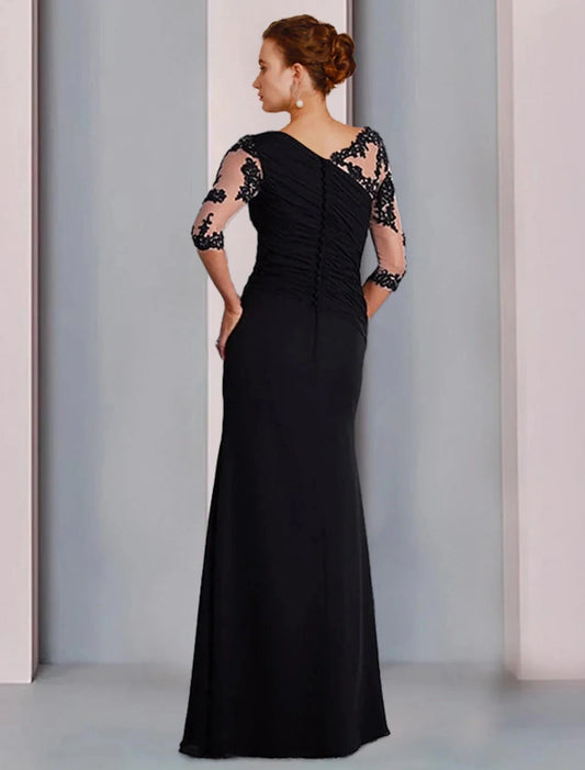 Sheath / Column Mother of the Bride Dress Formal Fall Wedding Guest Dresses Elegant Jewel Neck Floor Length Chiffon Lace 3/4 Length Sleeve with Beading Appliques by YiHuiw