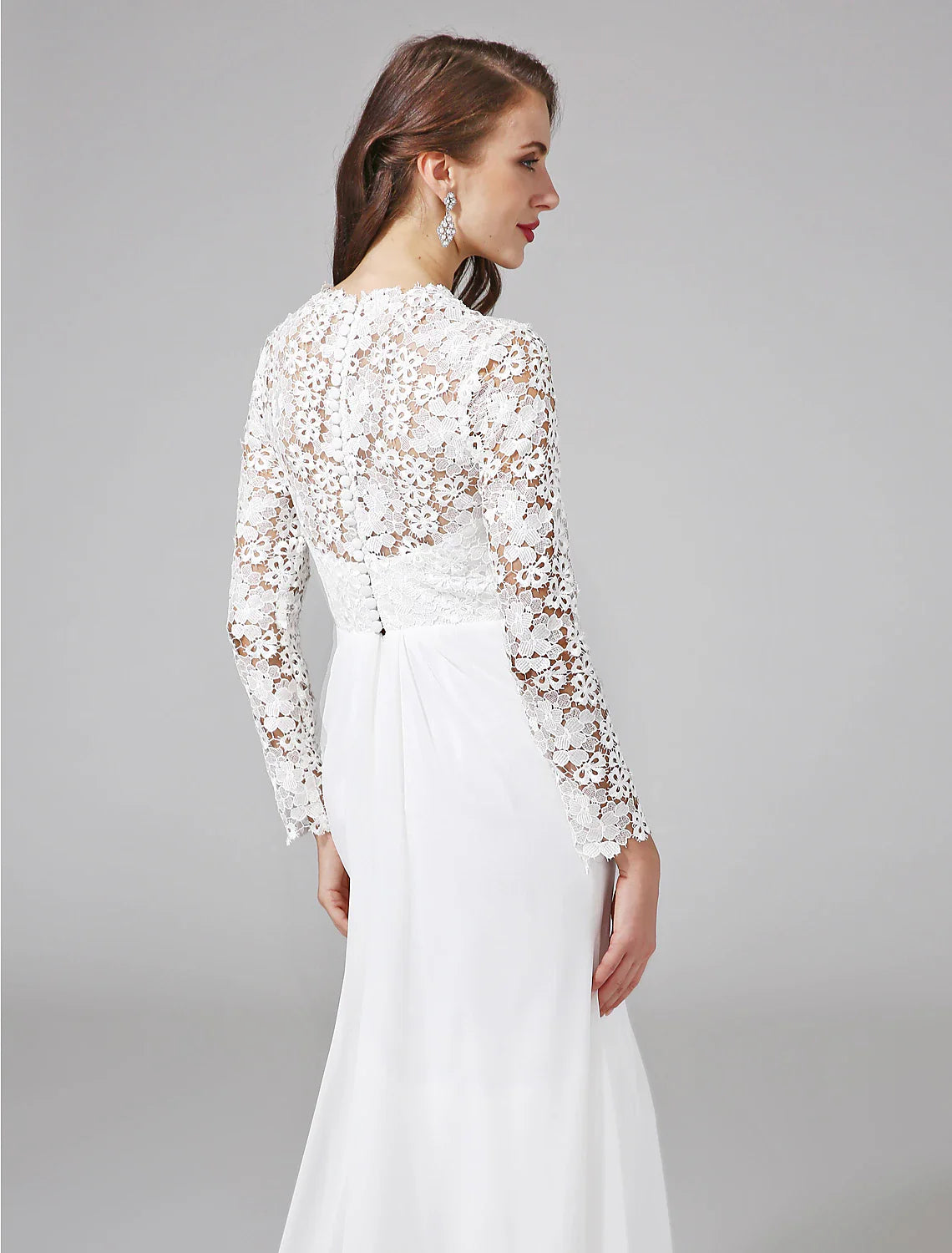 Beach Royal Style Boho Wedding Dresses Sheath / Column Illusion Neck Long Sleeve Sweep / Brush Train Chiffon Bridal Gowns With Lace Button Summer Wedding Party, Women's Clothing