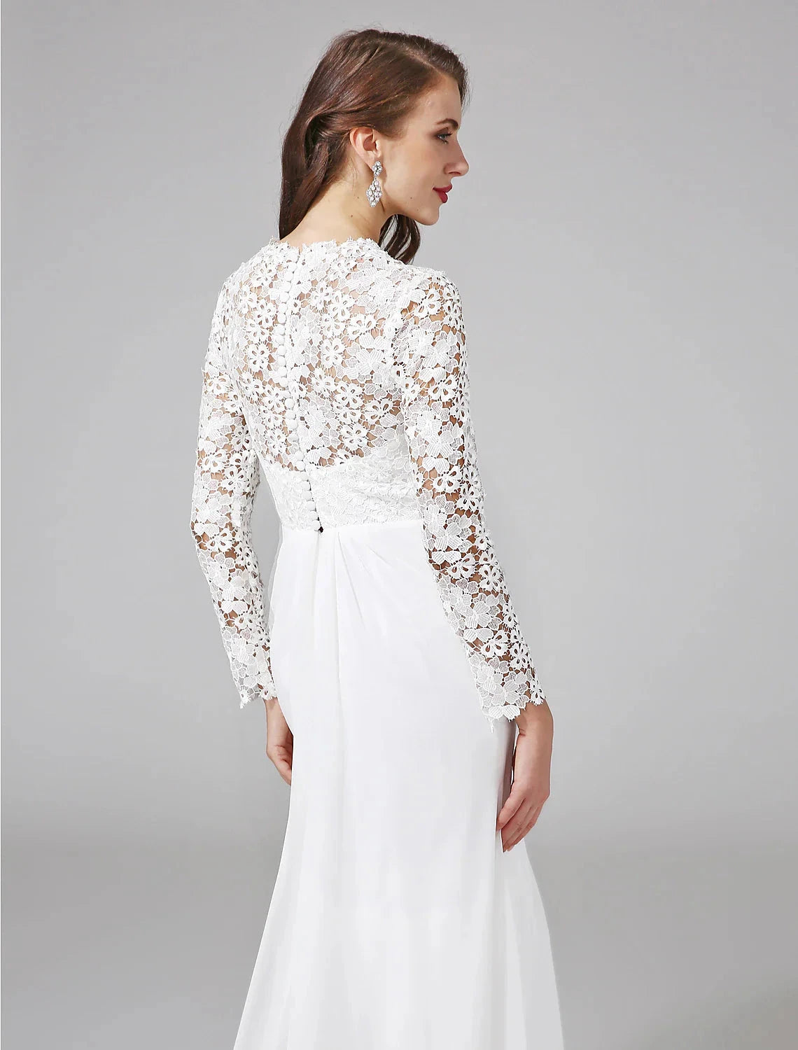 Beach Royal Style Boho Wedding Dresses Sheath / Column Illusion Neck Long Sleeve Sweep / Brush Train Chiffon Bridal Gowns With Lace Button Summer Wedding Party, Women's Clothing by YiHuiw