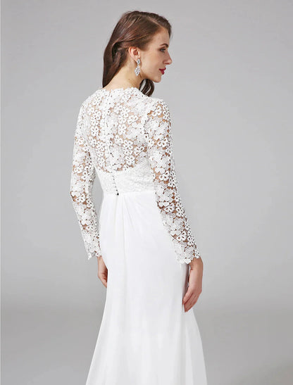 Beach Royal Style Boho Wedding Dresses Sheath / Column Illusion Neck Long Sleeve Sweep / Brush Train Chiffon Bridal Gowns With Lace Button Summer Wedding Party, Women's Clothing by YiHuiw