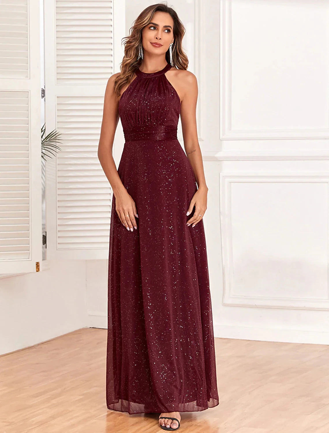 A-Line Evening Gown Empire Dress Evening Party Dress Wedding Reception Floor Length Sleeveless Halter Neck Polyester Backless V Back with Glitter by YiHuiw