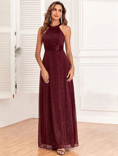 A-Line Evening Gown Empire Dress Evening Party Dress Wedding Reception Floor Length Sleeveless Halter Neck Polyester Backless V Back with Glitter by YiHuiw