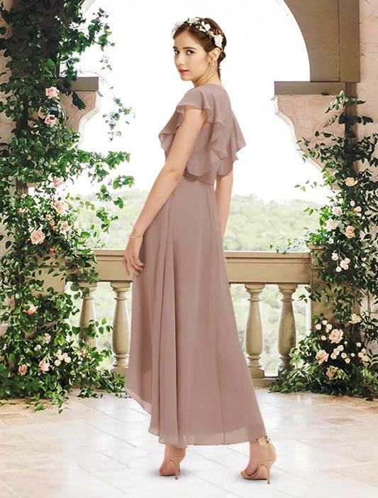 A-Line Bridesmaid Dress V Neck Short Sleeve Elegant Asymmetrical / Ankle Length Chiffon with Sash / Ribbon / Ruffles by YiHuiw