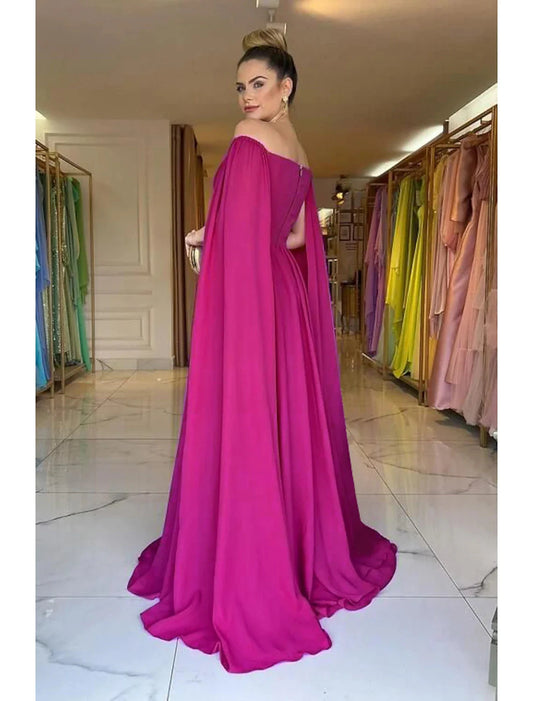 A-Line Evening Gown Elegant Dress Formal Wedding Party Sweep / Brush Train Sleeveless Off Shoulder Capes Chiffon with Pleats by YiHuiw