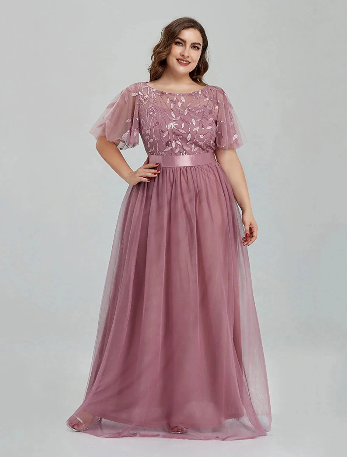 A-Line Prom Dresses Floral Dress Party Wear Quinceanera Floor Length Short Sleeve Jewel Neck Bridesmaid Dress Tulle with Embroidery Splicing by YiHuiw