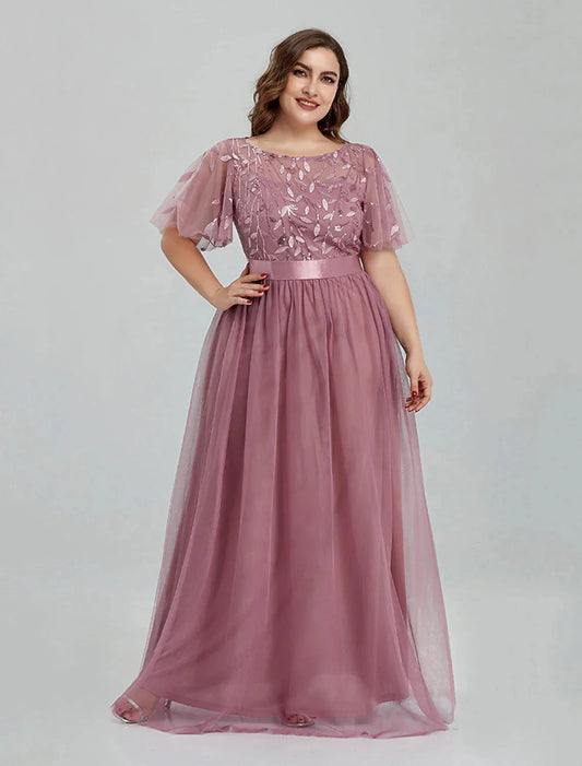 A-Line Prom Dresses Floral Dress Party Wear Quinceanera Floor Length Short Sleeve Jewel Neck Bridesmaid Dress Tulle with Embroidery Splicing by YiHuiw