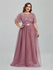 A-Line Prom Dresses Floral Dress Party Wear Quinceanera Floor Length Short Sleeve Jewel Neck Bridesmaid Dress Tulle with Embroidery Splicing