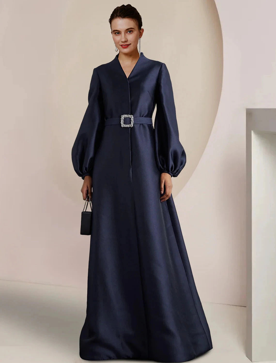 A-Line Mother of the Bride Dress Wedding Guest Party Elegant V Neck Floor Length Satin Long Sleeve with Pearls Crystal Brooch by YiHuiw