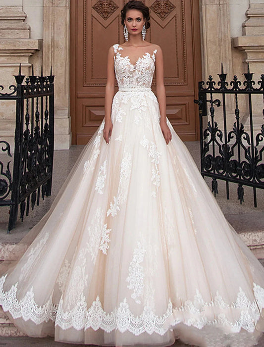 Engagement Open Back Formal Wedding Dresses Ball Gown Illusion Neck Sleeveless Court Train Satin Bridal Gowns With Appliques Summer Wedding Party, Women's Clothing by YiHuiw