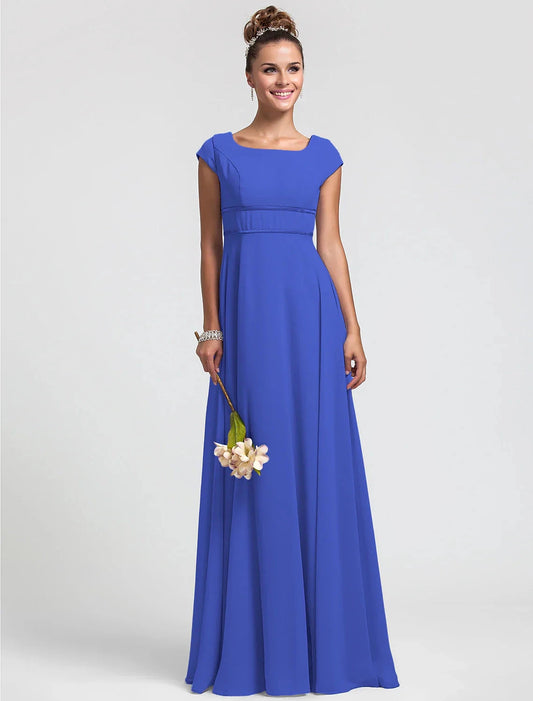Sheath / Column Bridesmaid Dress Square Neck Short Sleeve Elegant Floor Length Chiffon with Sash / Ribbon / Pleats by YiHuiw