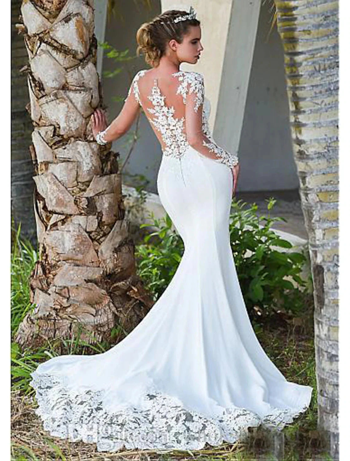 Engagement Open Back Formal Fall Wedding Dresses Mermaid / Trumpet Illusion Neck Long Sleeve Court Train Lace Bridal Gowns With Appliques Summer Wedding Party Women's Clothing by YiHuiw