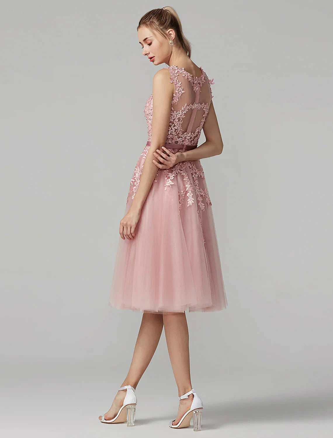 A-Line Cute Dress Cocktail Party Prom Knee Length Sleeveless Illusion Neck Tulle Over Lace with Beading Appliques by YiHuiw