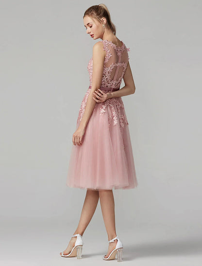 A-Line Cute Dress Cocktail Party Prom Knee Length Sleeveless Illusion Neck Tulle Over Lace with Beading Appliques by YiHuiw
