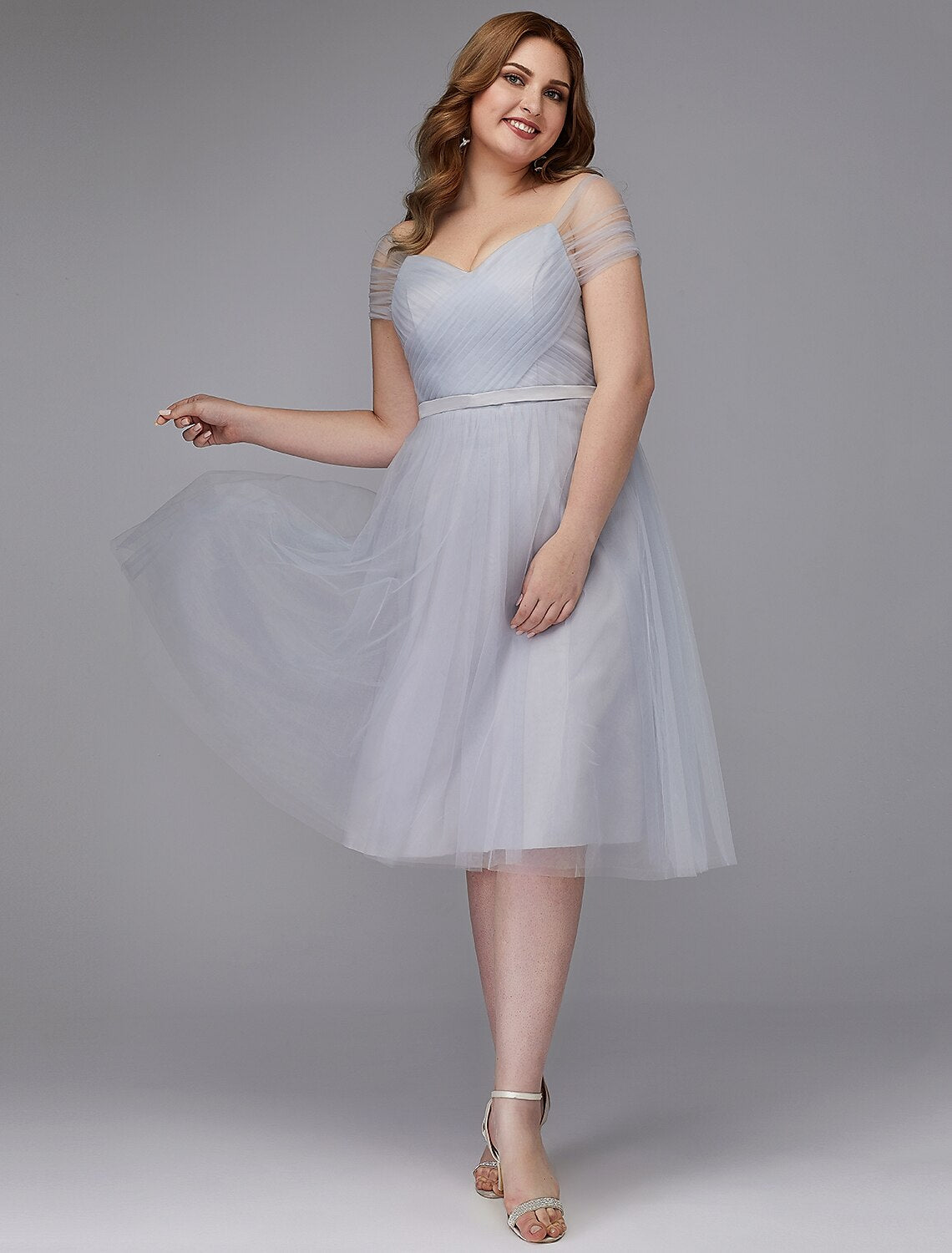 A-Line Elegant Dress Wedding Guest Cocktail Party Tea Length Short Sleeve Off Shoulder Tulle with Sash / Ribbon Criss Cross by YiHuiw