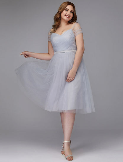 A-Line Elegant Dress Wedding Guest Cocktail Party Tea Length Short Sleeve Off Shoulder Tulle with Sash / Ribbon Criss Cross by YiHuiw