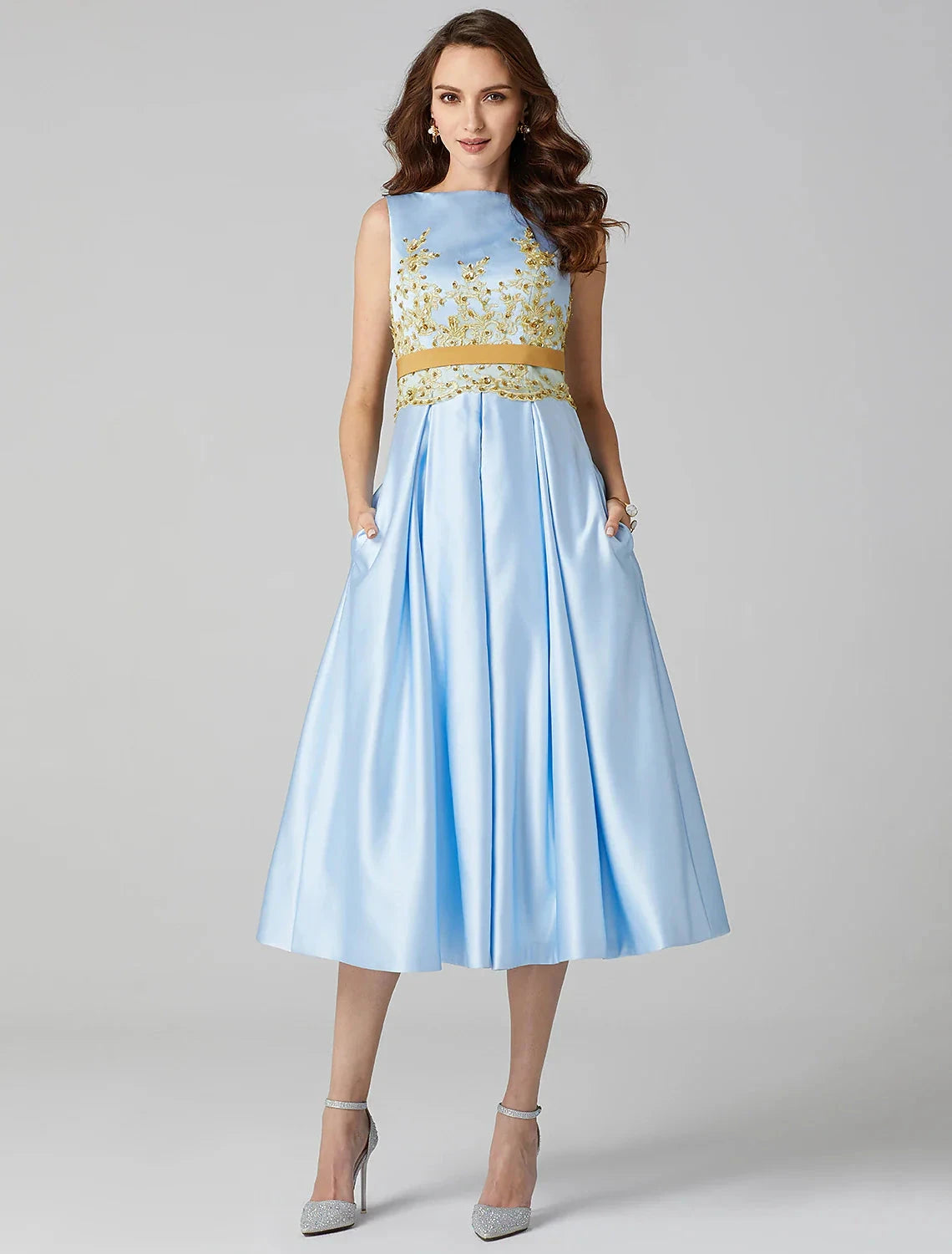A-Line Cocktail Dresses Party Dress Wedding Guest Prom Tea Length Sleeveless Jewel Neck Satin V Back with Pleats Appliques by YiHuiw