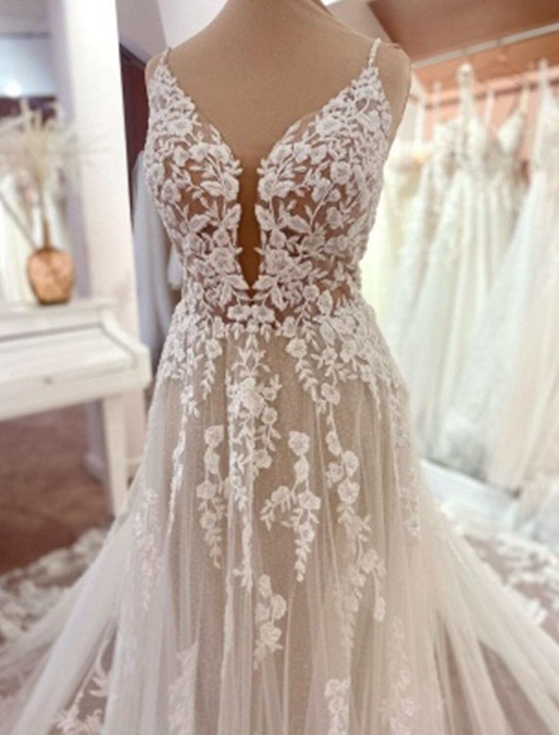 Engagement Open Back Formal Wedding Dresses A-Line Camisole V Neck Spaghetti Strap Chapel Train Lace Bridal Gowns With Appliques Summer Wedding Party Women's Clothing by YiHuiw
