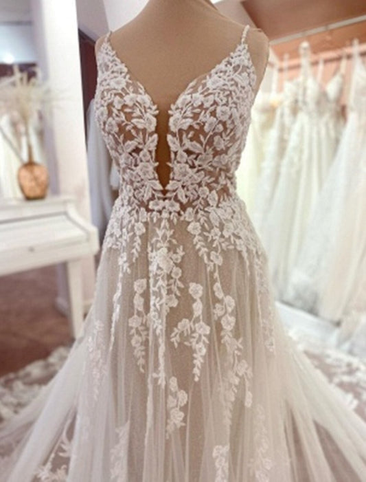 Engagement Open Back Formal Wedding Dresses A-Line Camisole V Neck Spaghetti Strap Chapel Train Lace Bridal Gowns With Appliques Summer Wedding Party Women's Clothing by YiHuiw