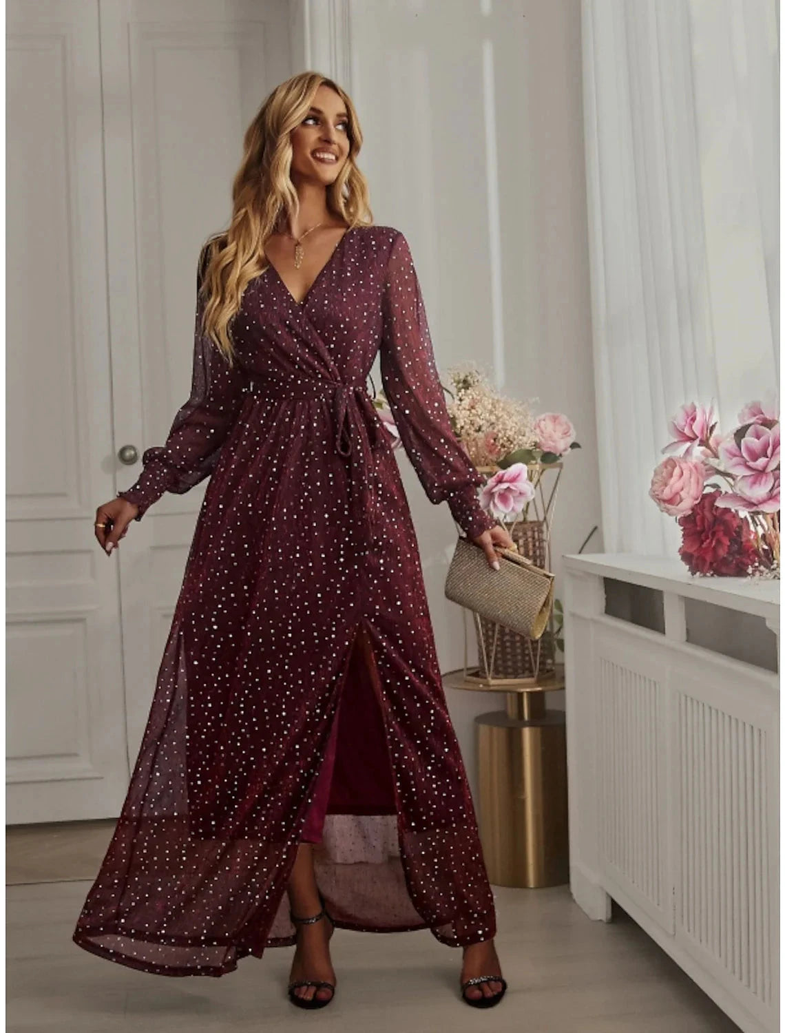 A-Line Party Dresses Sparkle & Shine Dress Birthday Fall Ankle Length Long Sleeve V Neck Chiffon with Glitter Sequin Slit by YiHuiw