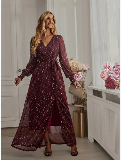 A-Line Party Dresses Sparkle & Shine Dress Birthday Fall Ankle Length Long Sleeve V Neck Chiffon with Glitter Sequin Slit by YiHuiw