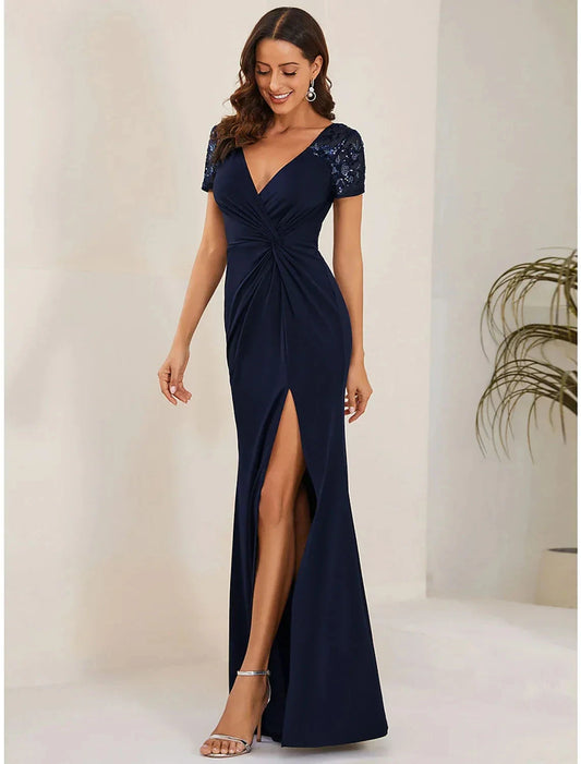Mermaid / Trumpet Wedding Guest Dresses Elegant Dress Formal Floor Length Short Sleeve V Neck Fabric with Crystals Slit by YiHuiw